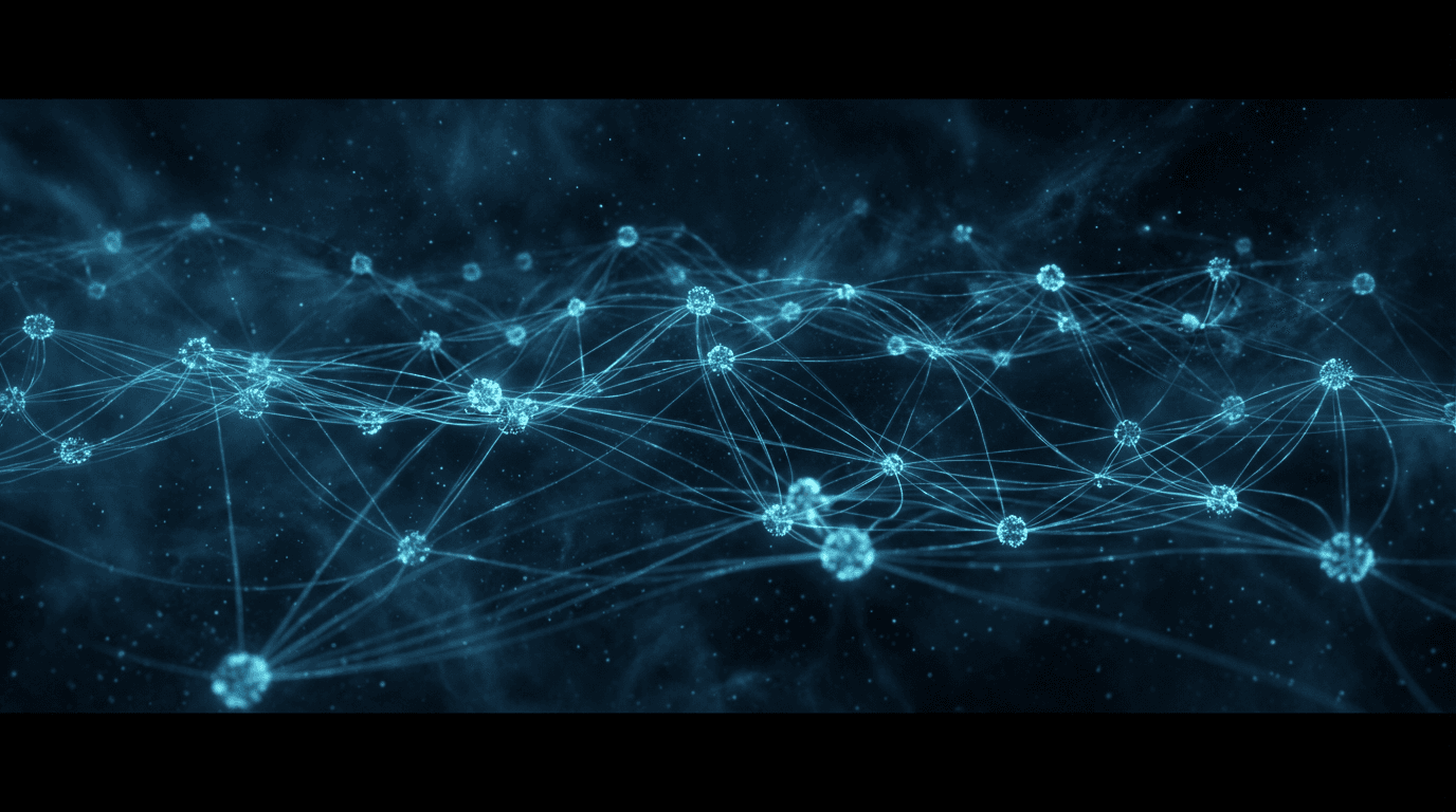 Abstract glowing network of interconnected blue-teal nodes and light pathways drifting through atmospheric haze.