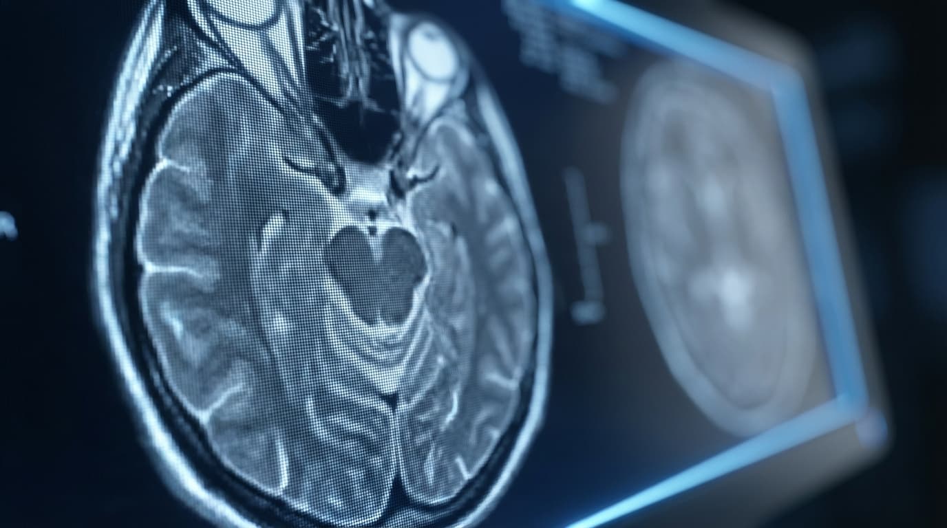 Macro close-up of illuminated medical imaging display showing diagnostic scan detail with blue backlighting and shallow focus.